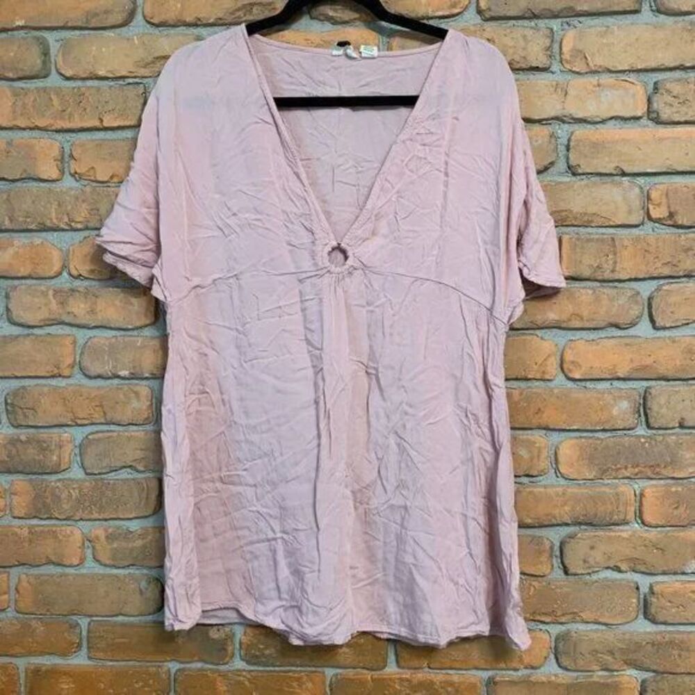 Roxy‎ Dress womens Large Pink Plunge V-Neck Beach Cover Up Mini Flutter Summer